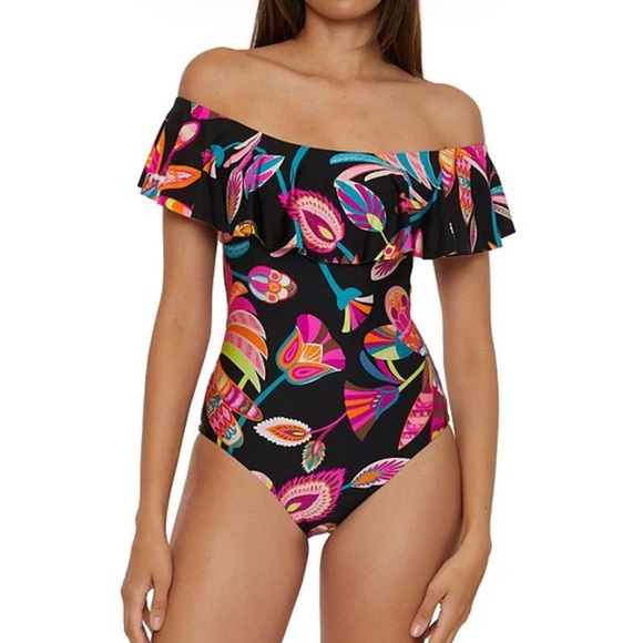 Trina Turk One Piece Swimsuit Womens 10 Ruffled Off The Shoulder Tropical B12 - Picture 1 of 9